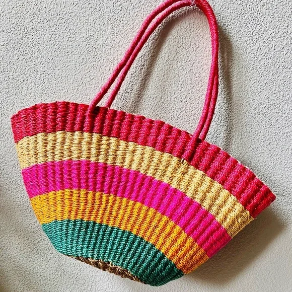 Bright Colorful Striped BORACAY Straw Zip Closure Boho Medium Tote Shoulder Bag - Picture 11 of 13
